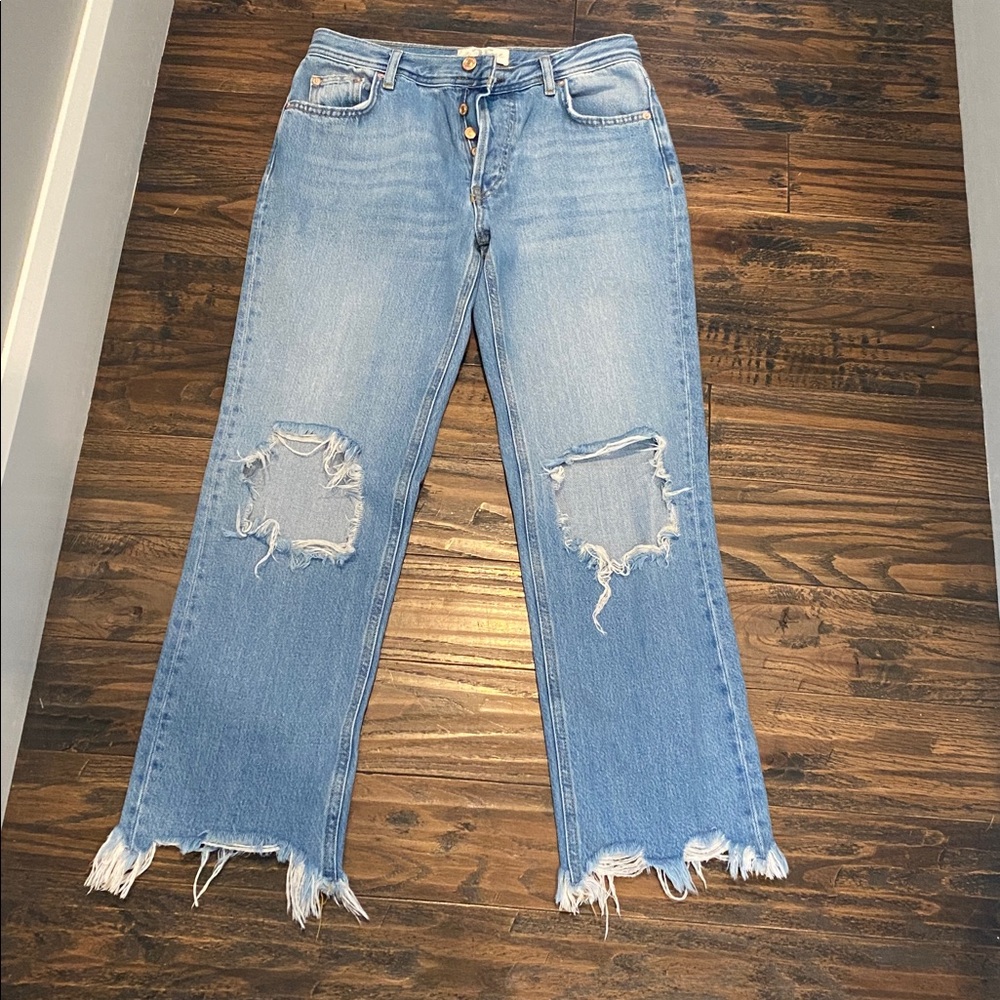 Free People Light Blue Distressed Straight-Leg Jeans